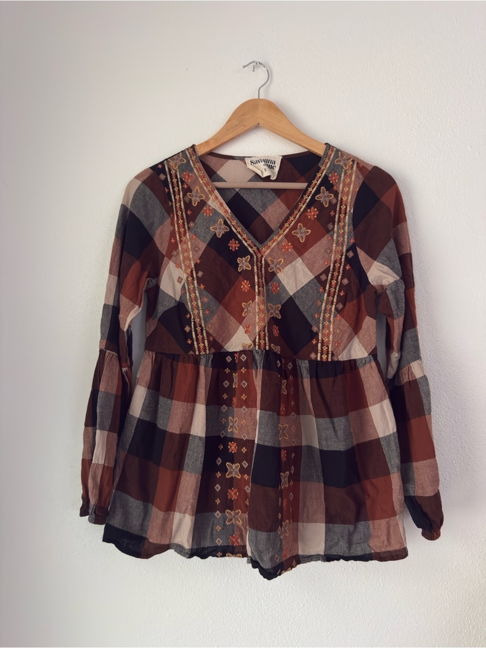 Savanna Jane Brown Orange Plaid Floral Embroidered Blouse Long Sleeve S New